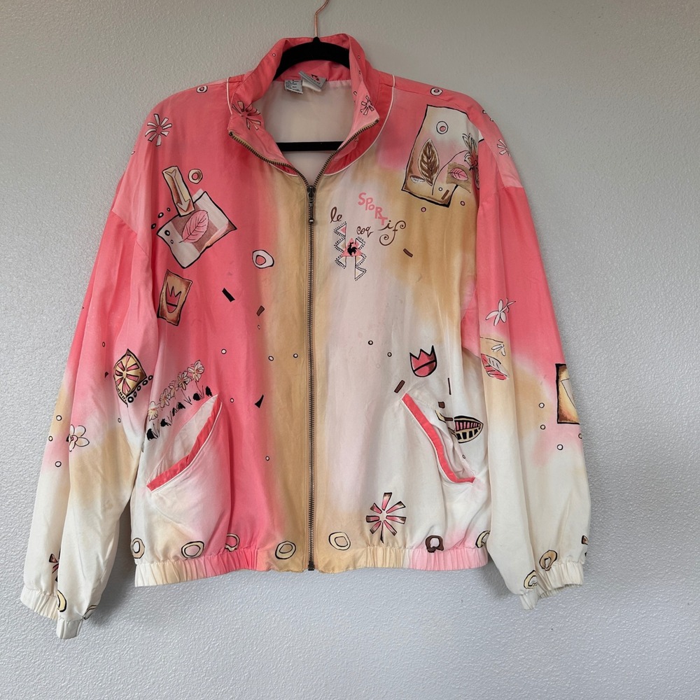 Vintage Le Coq‎ Sportif 100% Silk Graphic Print Pink Ombre Windbreaker Jacket